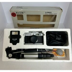 Vintage Maxim MF-IX 35mm Fixed Focus Camera w/ FX-77 Flash, Tripod, Case & Box